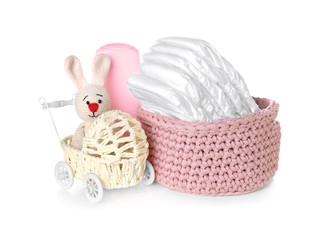 Set of baby accessories on white background