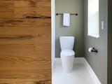 Fototapeta Tulipany - Modern toilet design in stylish gray and white bathroom with sliding barn door