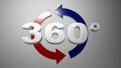 Poster - 360 degrees in white characters, in front of two rotating arrows - 3D rendering videoclip