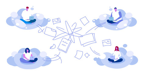 Poster - people working with laptops men women using wireless cloud computing network file transfer service online synchronization concept sketch full length horizontal