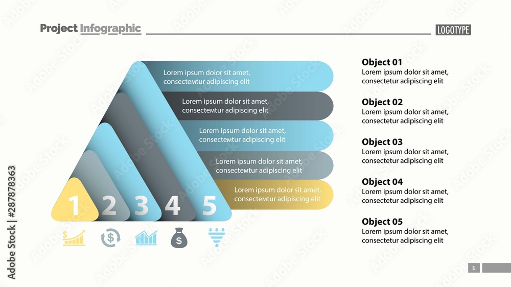 Five elements process chart slide template. Business data. Review ...