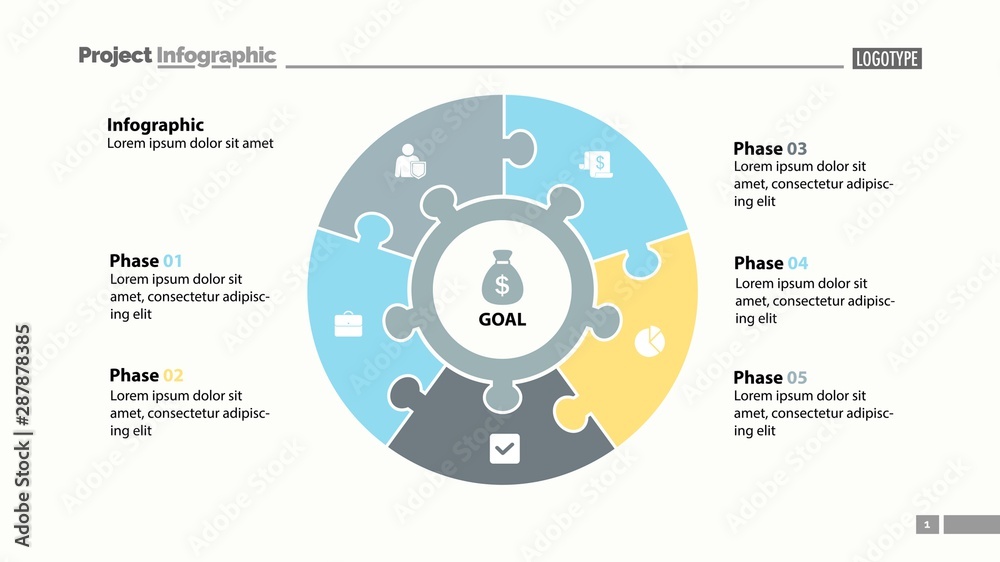 Five elements process chart slide template. Business data. Plan, circle ...