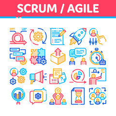 Poster - Scrum Agile Collection Elements Vector Icons Set Thin Line. Agile Rocket And Document File, Gear And Package, Loud-speaker And Stop Watch Concept Linear Pictograms. Color Contour Illustrations