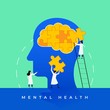 © mnaufal design - Mental health medical treatment vector illustration. Psychology specialist doctor work together to fix brain puzzle head for world mental health day concept poster background. Tiny people design style