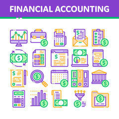 Poster - Financial Accounting Collection Vector Icons Set Thin Line. Money Dollar Sings On Smartphone Display And Magnifier, Web Site And Laptop Financial Concept Linear Pictograms. Color Contour Illustrations