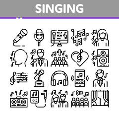 Sticker - Singing Song Collection Elements Vector Icons Set. Singer And Musical Notes, Microphone And Headphones, Concert, Opera And Singing In Karaoke Concept Linear Pictograms. Black Contour Illustrations