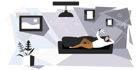 Poster - man taking selfie on smartphone camera guy lying on couch social media networks communication concept modern living room interior sketch horizontal full length