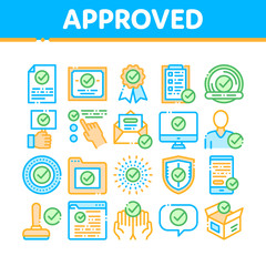 Poster - Approved Collection Elements Vector Icons Set Thin Line. Approved Sings On Document File And Hands, Computer Monitor And Smartphone Display Concept Linear Pictograms. Color Contour Illustrations