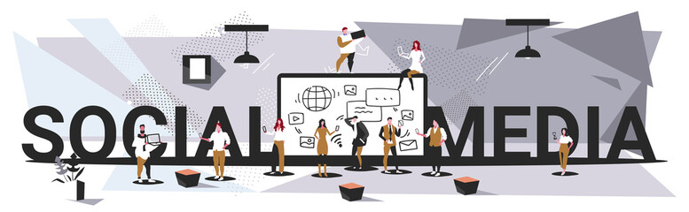Poster - businesspeople group using tablet computer app social media communication concept business people di