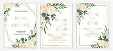 Set Of Wedding Invitation Card Design. Botanic Composition For Wedding And Greeting Card. White Flower Paint By Watercolor. Vintage Style.