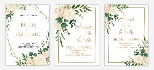 Set of Wedding invitation card design. Botanic composition for wedding and greeting card. White Flower paint by watercolor. Vintage style.