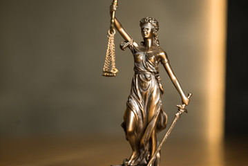 Poster - Law and Justice, judge gavel, book with Statue of blind goddess Themis on wooden table.