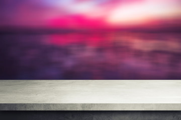 Poster - cement table floor with blurred sky and river backgrounds, for product display 