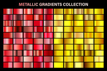 Ruby Red And Golden, Yellow Glossy Gradient, Gold Metal Foil Texture. Color Swatch Set. Collection Of High Quality Vector Gradients. Shiny Metallic Background. Design Element.