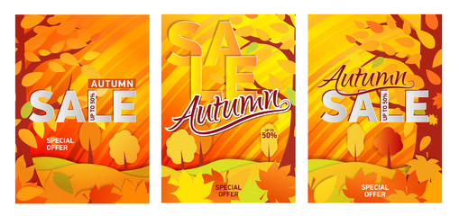 Wall Mural - Set bright orange poster, the gold autumn forest. With text - Autumn Sale up to 50 . illustrations for flyers, leaflet, ads.