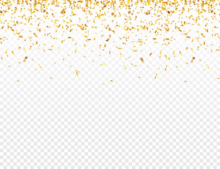 Christmas golden confetti. Falling shiny glitter in gold color. New year, birthday, valentines day design element. Holiday background.