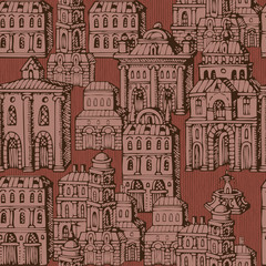 Poster - Vector seamless pattern with old hand drawn houses in retro style. Cityscape background with old style building facades and fountains, can be used as wallpaper, wrapping paper, textile, fabric