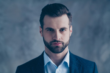 Sticker - Close up photo of dreamy man entrepreneur looking gorgeous wearing blazer jacket isolated over gray background