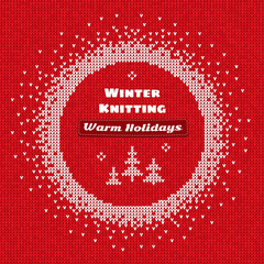 handmade knitted seamless abstract background red pattern with white round frame and text: winter kn