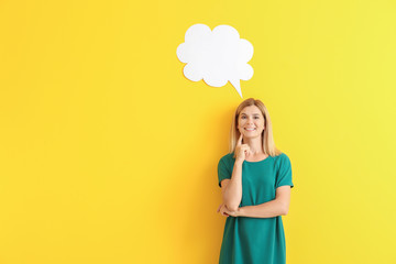 Poster - Happy woman with speech bubble on color background