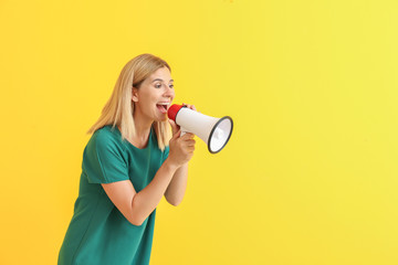 Poster - Screaming woman with megaphone on color background