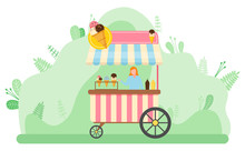 Seller Standing By Kiosk With Ice Cream Vector, Character Selling Desserts Frozen Snacks. Outdoors Market In Park. Tent With Gelato Production Flat Style. Flat Cartoon