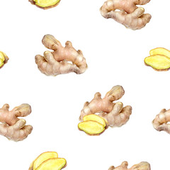 Sticker - Ginger root hand drawn watercolor illustration. Seamless pattern.