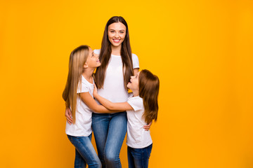 Sticker - Photo of two little ladies with lovely babysitter wear casual outfit isolated yellow background