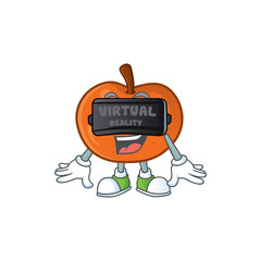 Sticker - Virtual reality tangerine cartoon mascot on white background