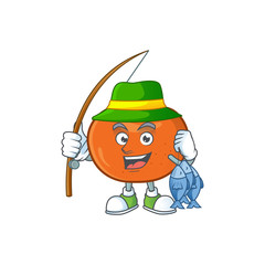 Sticker - Fishing tangerine cartoon mascot on white background