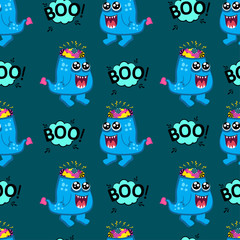 Canvas Print - Abstract seamless monster pattern for girls or boys. Creative vector pattern with toothed monster with sweets instead of brains, halloween. Funny monster pattern for textile and fabric. Fashion style.