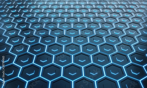 Glowing black and blue hexagons background pattern on silver metal surface 3D...