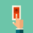 Vector Finger pressing on red button.  Push button flat style concept illustration. 