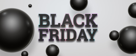 Wall Mural - Black friday sale inscription on a light background, horizontal banner, design template. Copy space, creative background. 3D illustration, 3D design