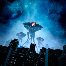 Night of the invasion / 3D illustration of retro science fiction scene with giant alien machines attacking city