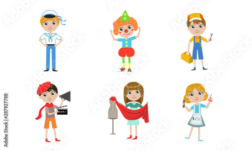 Kids Of Different Professions Set Sailor Clown Plumber Tailor
