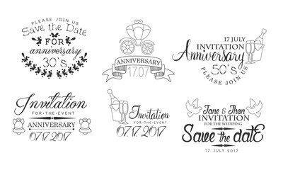 Sticker - Invitation for the Event Monochrome Badges Set, Wedding, Save the Date, Anniversary Design Element Hand Drawn Vector Illustration