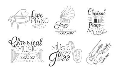 Canvas Print - Classical Music Concert Hand Drawn Badges Set, Jazz Festival, Live Piano Monochrome Vector Illustration