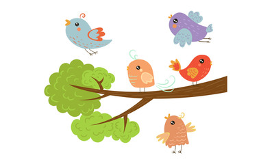 Sticker - Cute Colorful Birds on Tree Branches with Green Leaves Vector Illustration