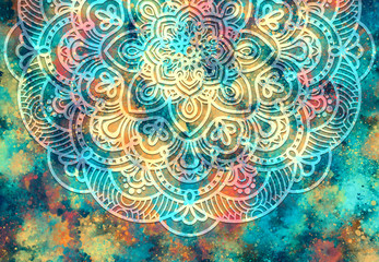  Abstract mandala graphic design and watercolor digital art painting for ancient geometric concept background