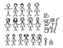 Set Of Happy Cartoon Doodle Figure Family, Stick Man. Stickman Illustration Featuring A Mother And Father And Kids. Vector Illustration, Set Of Family In Stick Figures. Hand Drawn.