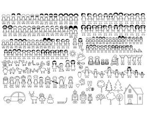 set of happy cartoon doodle figure family, stick man. stickman illustration featuring a mother and f