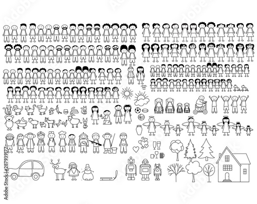 Cuadros en Lienzo Set of happy cartoon doodle figure family, stick man