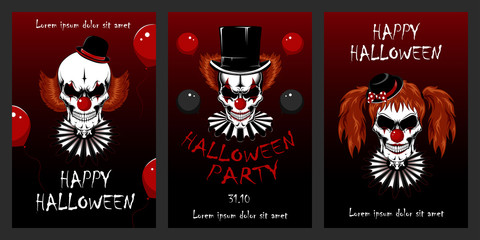 Canvas Print - Set of vector illustrations with clowns for Halloween. Evil clowns. Design elements for cards, flyers, banners, invitations, posters, posters.