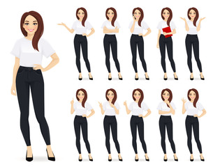 Casual business woman character in different poses set vector illustration