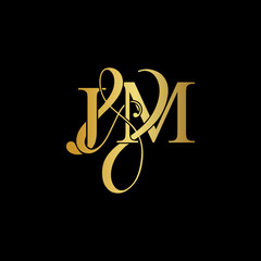 Wall Mural - Initial letter J & M JM luxury art vector mark logo, gold color on black background.