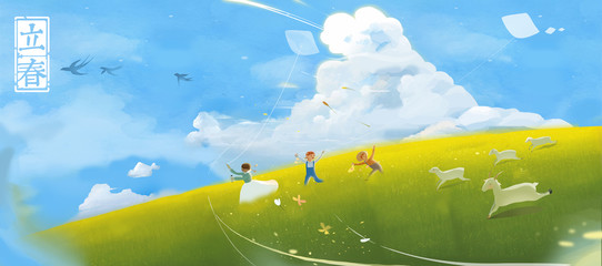 Wall Mural - Spring, Spring, Spring Equinox, Spring Wind, Swallow, Kite Flying, Sheep, Sheep, Cloud, Hillside, Grassland, Ranch, Grazing, Partner, Play, Children, Childhood, Childhood, Childhood, Happiness, Joy, P