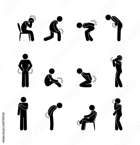 Fotomural pictogram body ach pain, backache headache, stick figure people icon, sign symb