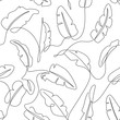 Tropical leaves seamless pattern. Hand drawn outline banana leaf background. Modern line art, aesthetic contour. Vector illustration, black and white design    