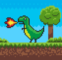 Aufkleber - Dragon character with fire, duel element of pixel game, animal hero going near tree and bush, green grass on ground, pixelated interface, screen vector. 8 bit mobile app video-game